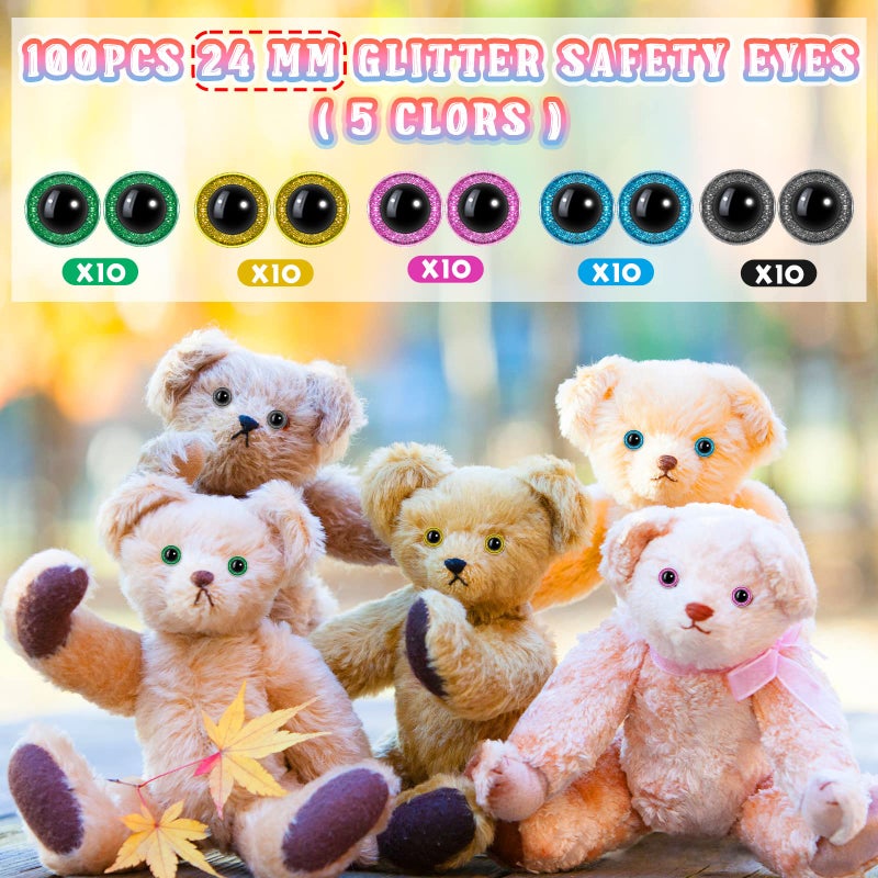 Suilung 100 Pieces Large Safety Eyes for Amigurumi Stuffed Glitter Animal Plastic Craft Crochet Eyes for DIY of Puppet Bear Crafts Toy Doll Making Supplies(24mm Brown  Purple  Green  Yellow) - Image 2